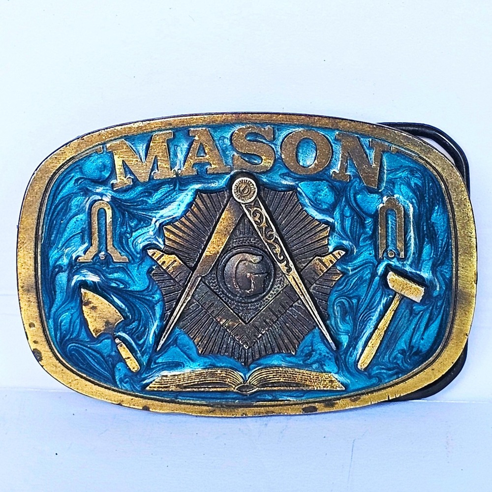 1986‎ The Great American Buckle Co Mason Belt Buckle Teal Enamel Masonic G USA